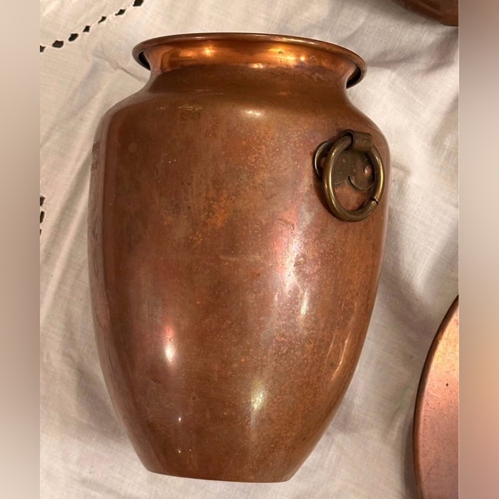 Vintage Copper Decorative Urn Vase with Brass Ring Accents